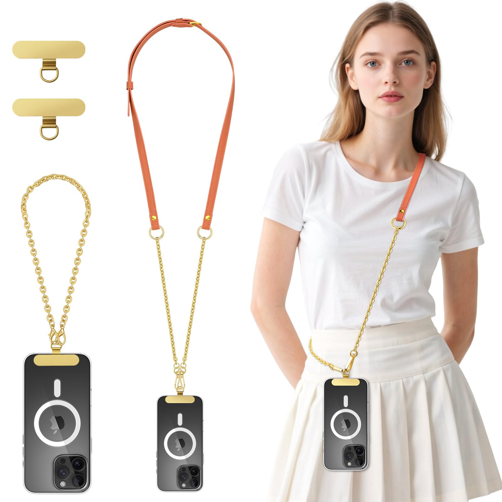 MoKo Universal Phone Crossbody Lanyard Phone Chain, Anti-Theft Adjustable Cellphone Cross Body Neck Strap & iPhone Wrist Strap with 2×Metal Tether Tabs for iPhone 17, Most Smartphones, Orange&Gold