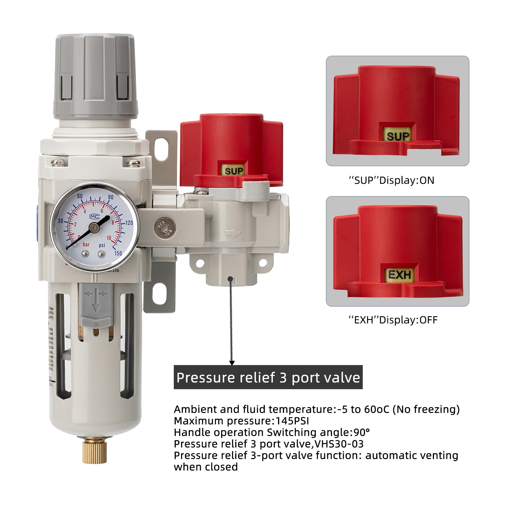 Industrial Air Compressor Filter Regulator Combo 3/8" NPT 0-150 PSI Gauge,Semi-Auto Drain,Pressure relief 3 port valve,5 Micron Water Separator for Pneumatic Tools — Amazon image 6