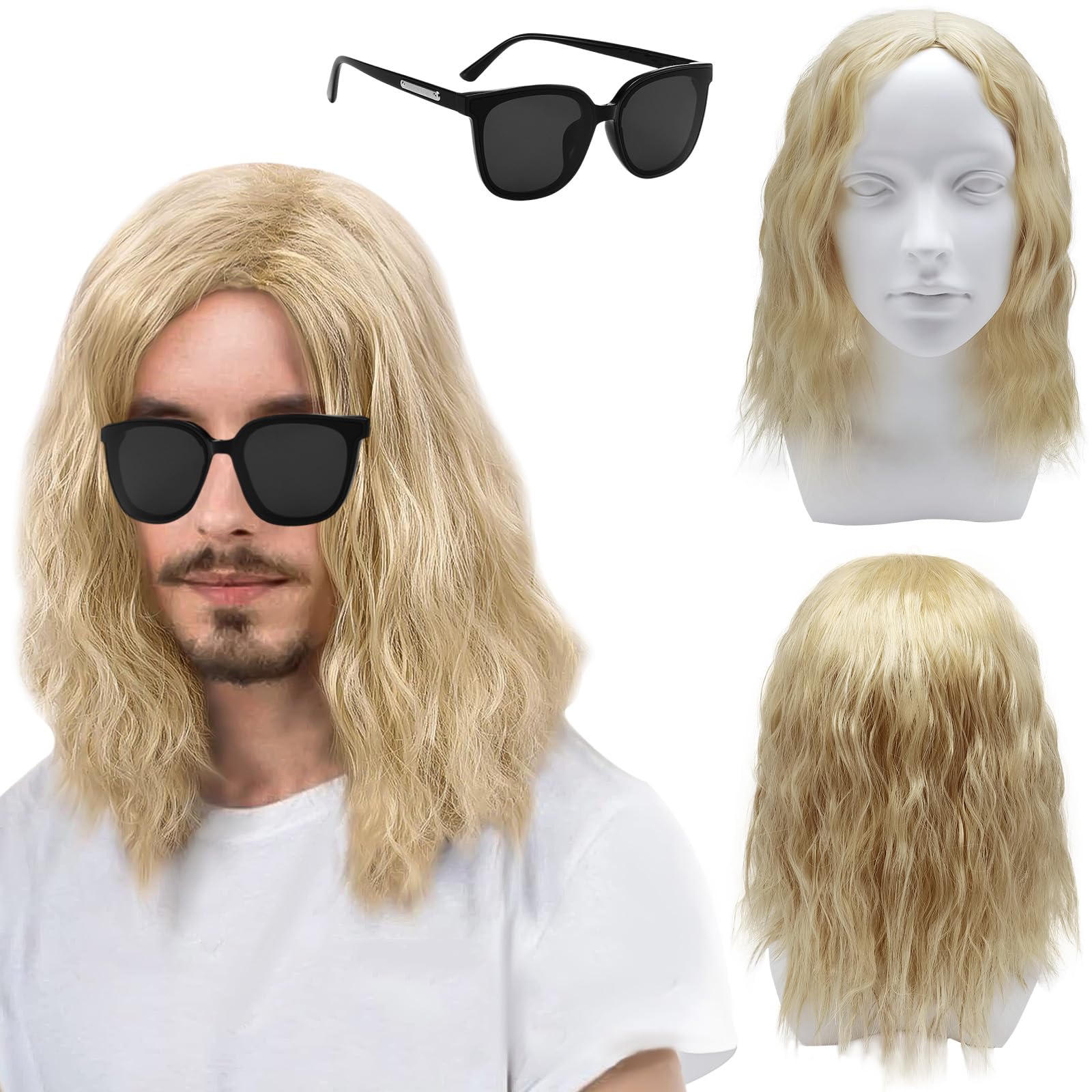 TSHAOUN Mens long Blonde Wig, 16 Inch/40 cm Mid Length Mens Curly Hair Wig for Adult Pop Rocking Dude Wigs and Sunglasses