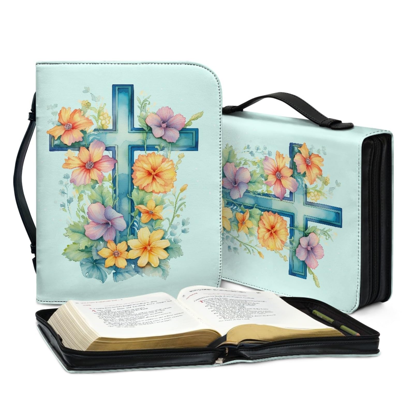 Personalizzata Custodia Bibbia in Pelle con Cerniera Grande Borsa Biblica Donna Uomo Fiore Crocifisso Azzurro L