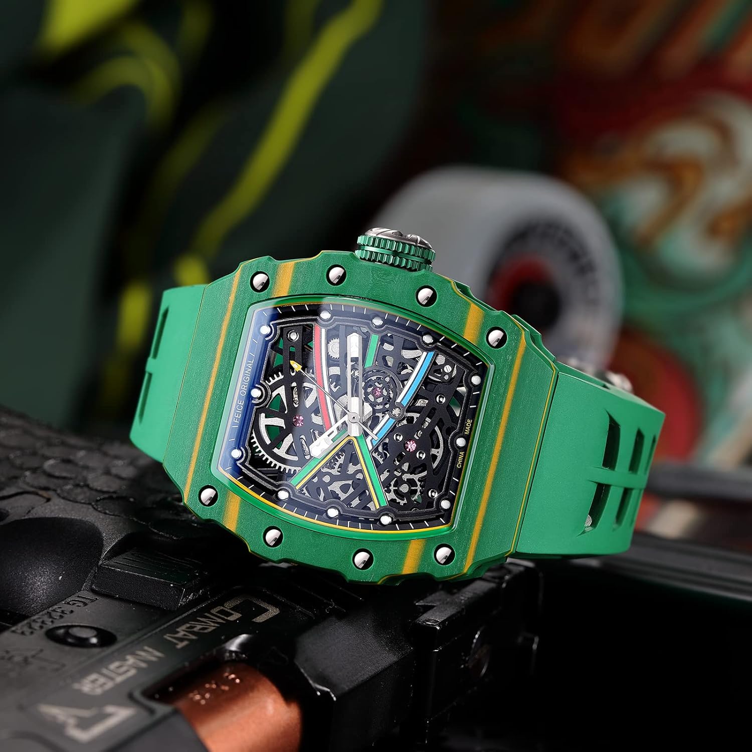 FEICE FM603 Watches for Men Automatic Skeleton Watch Men's Vintage Automatic Mechanical Skeleton Waterproof Watch Silicone Strap Sport Luminous Analog Unique Business Wristwatch for Men Green,Gifts Mechanical Watches for Men. - Image 2