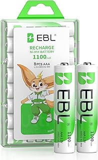 EBL Rechargeable Batteries AAA 8 Pack Ni-MH Battery 1100mAh High Capacity 1.2V Triple AAA Batteries (Battery Case Included)
