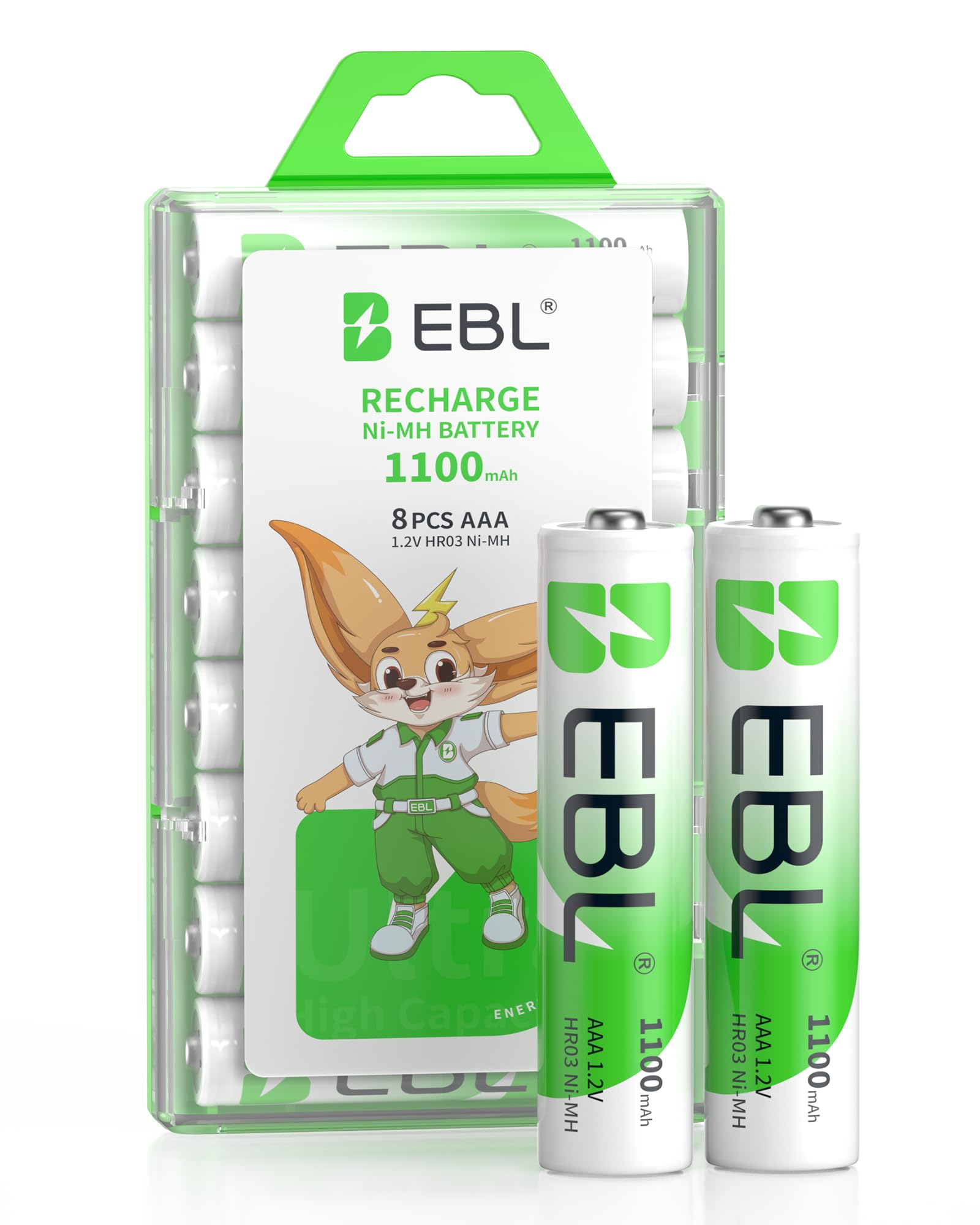 EBL Rechargeable Batteries AAA 8 Pack Ni-MH Battery 1100mAh High Capacity 1.2V Triple AAA Batteries (Battery Case Included)