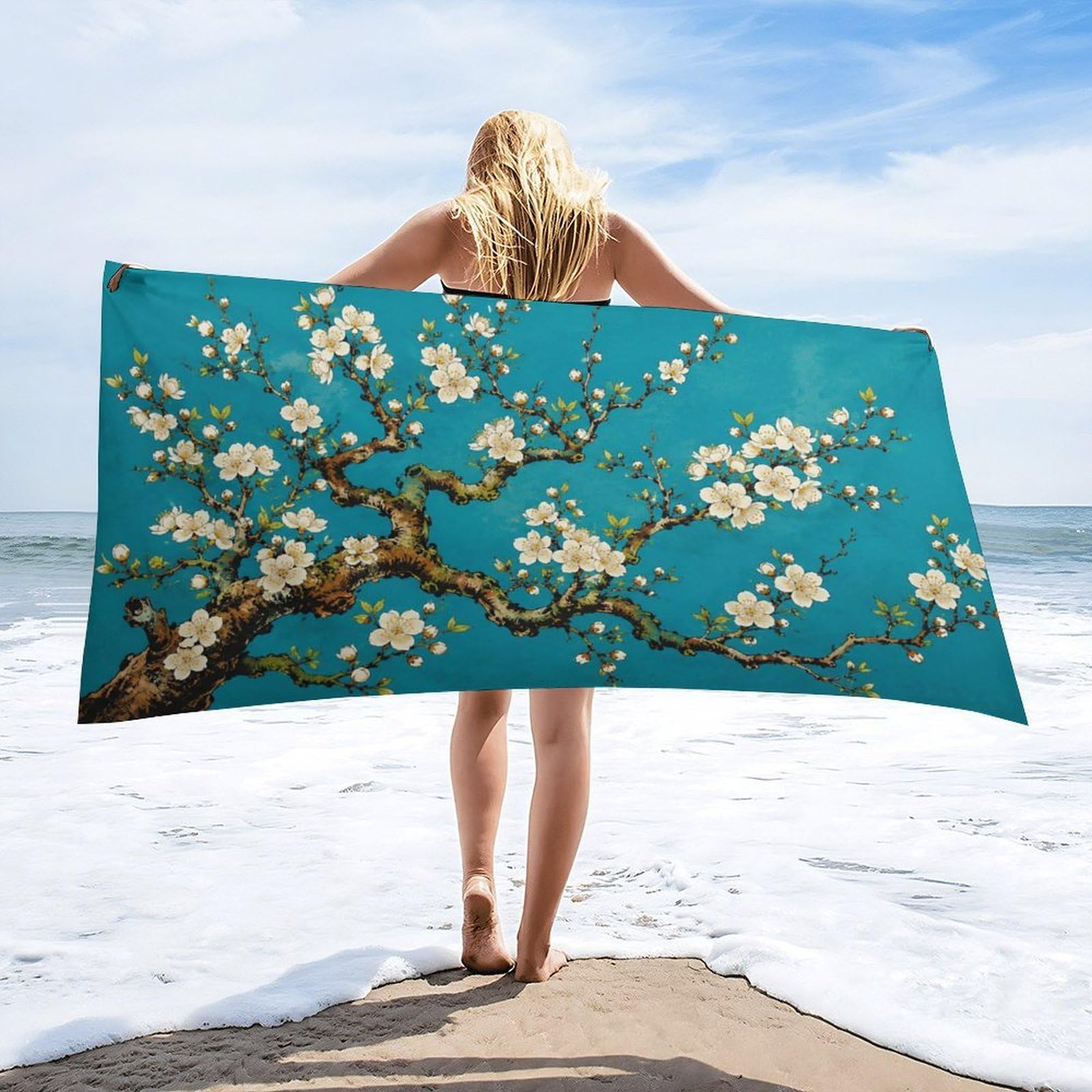 Anceky Cherry Blossom Branch Beach Towel 32"×63",Soft Microfiber Bath Towel Shawl, Quick Dry Absorbent Pool Spa Gym Shower Towel