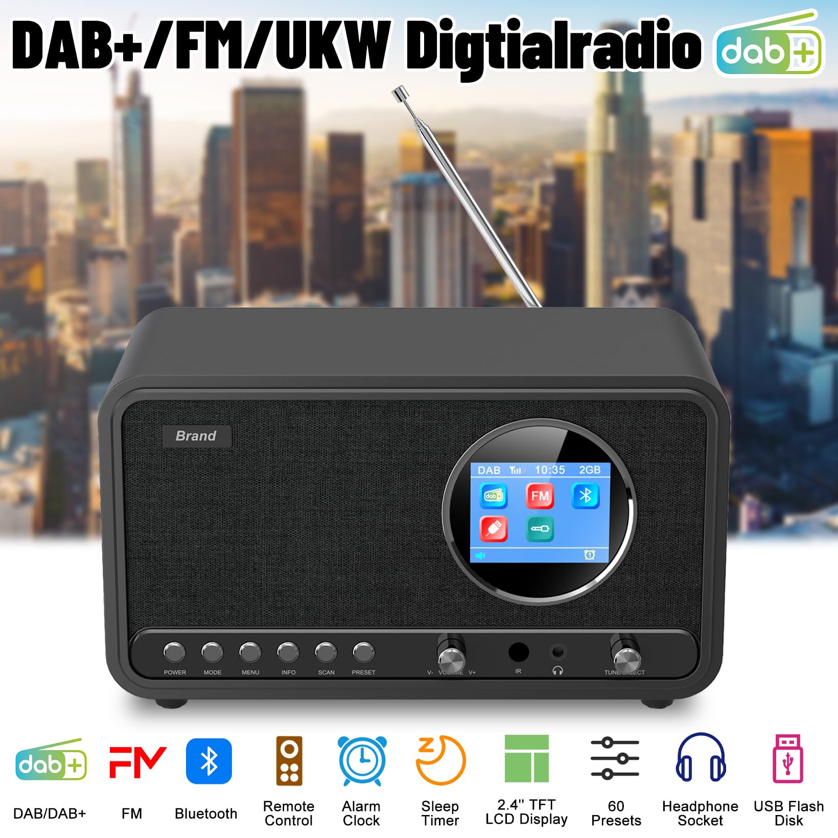 Radio DAB Plus FM Bluetooth Digitale da Cucina con Telecomando e Sveglia Snooze USB Aux Nero