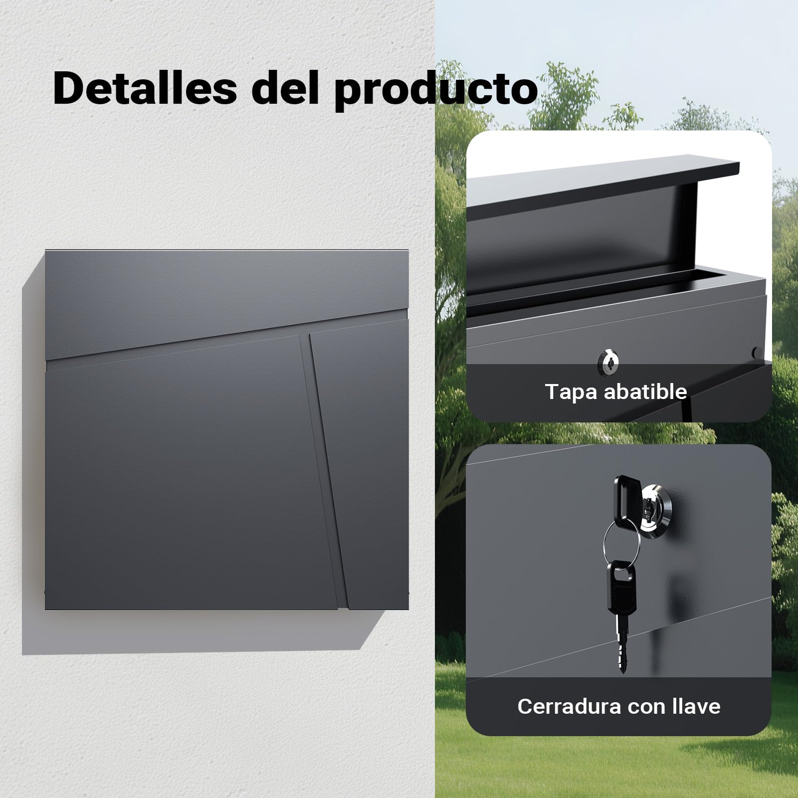 Wiltec Buzón de diseño V23 Antracita 370 x 102 x 370 mm, de Pared con Cerradura y Hueco para el periódico, de Acero con Recubrimiento en Polvo