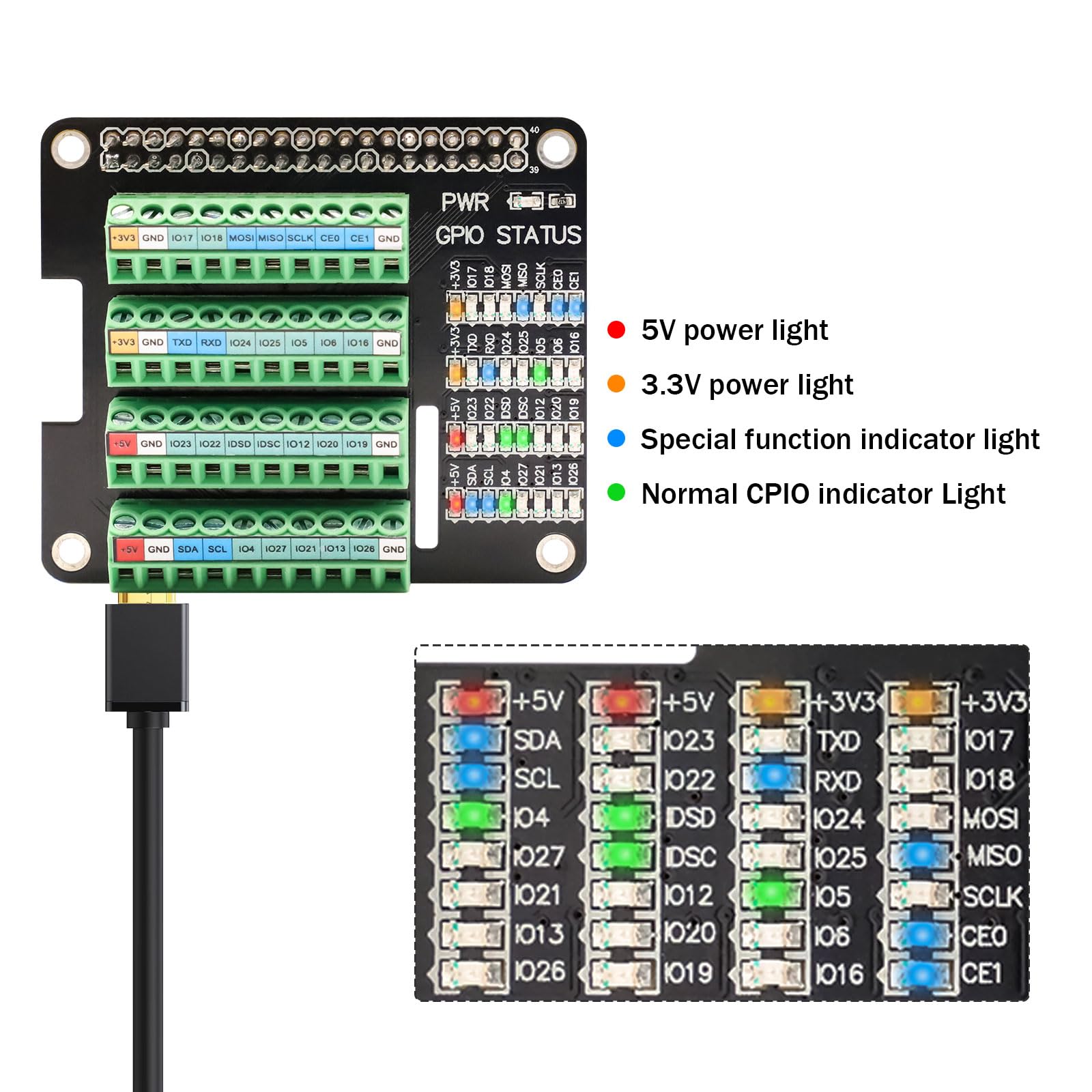 Schraubklemmenblock Breakout Board für Raspberry Pi GPIO, Modul mit Status LED für Pi 4B/3B+/3B/Zero