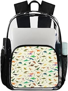 Mochila transparente com estampa de dinossauros fofos para livros, mochila transparente impermeável de dinossauro de desenho animado mochila transparente de PVC com alça de ombro reforçada para escola, trabalho, viagens, Multicor