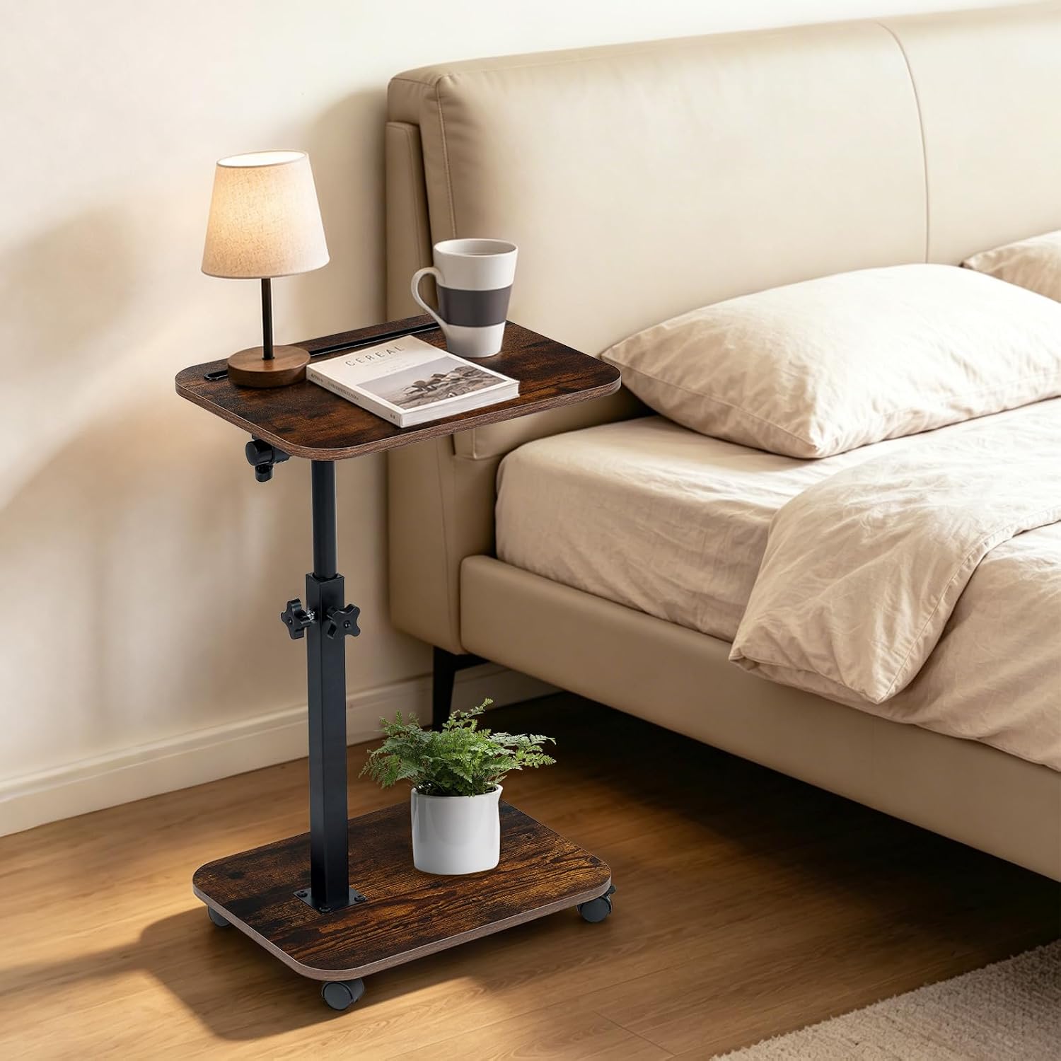 comfoyar C Shaped TV Tray with Wheels, Adjustable Height Side Table with 360° Swivel 180° Flip for Small Space, Couch Table with Phone Tablet Laptop Slot for Living Room Bedroom, Rustic Brown