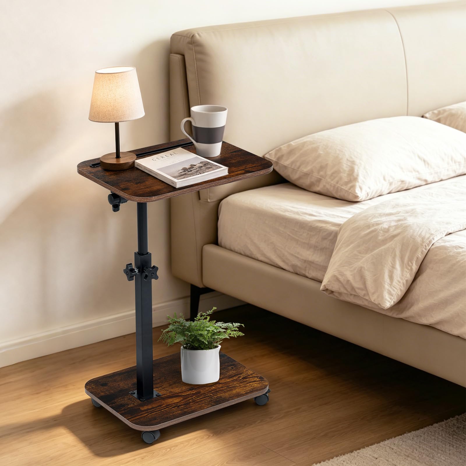 comfoyar Tavolino a Forma di C con Ruote Regolabile in Altezza(43-78cm), Girevole 360° Tavolino di Divano con Slot per Telefono e Tablet, Tavolino da Caffè Legno per Letto Soggiorno, Piccolo Spazio
