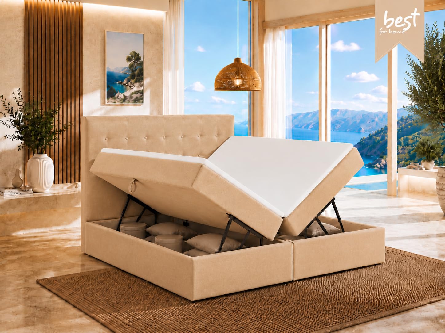 Lit boxspring S Deluxe avec 7 Tailles de Zone (160x200 Creme)