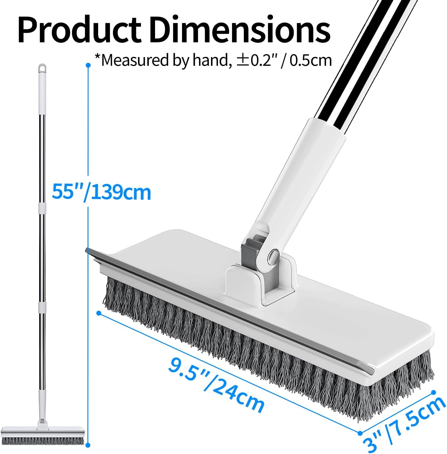 Purexa Floor Scrub Brush with 55" Long Handle, 2-in-1 Floor Brush with Built-in Squeegee, Adjustable Angle Head and Stiff Bristles for Tile, Wood, Concrete & Textured Floor Cleaning