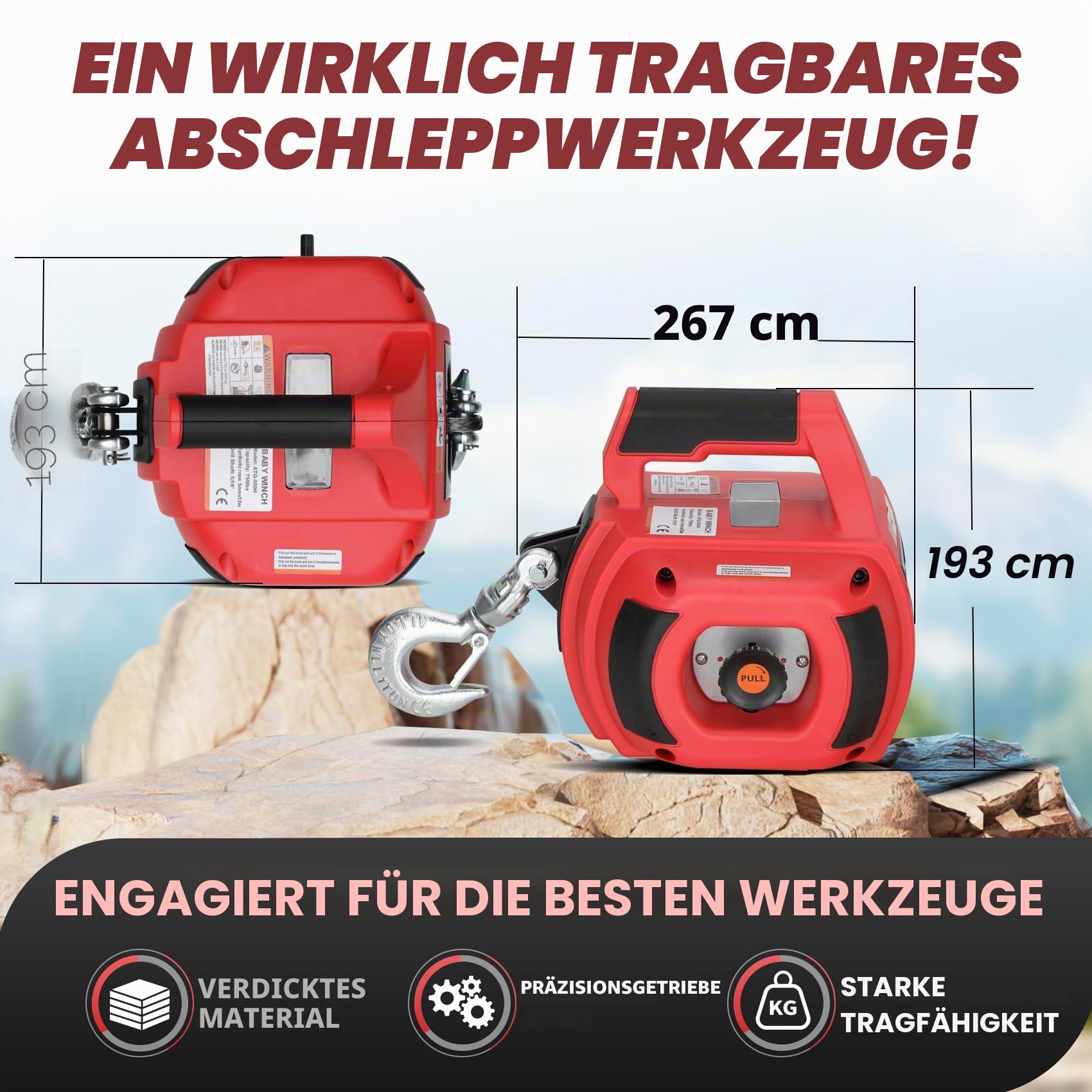 Tragbare Bohrwinde von 453,6 kg, rote Handbohrwinde mit 12 m langem synthetischem Seil, drehen Sie den Haken um 360 Grad, zum Anheben und Ziehen (rot)