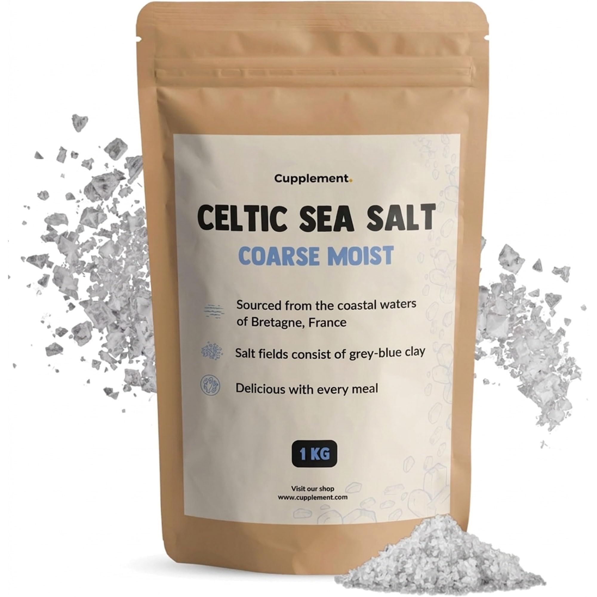 Cupplement - Celtycka Sól Morska 1KG - Gruboziarnista Celtycka Celtic Sea Salt - Gruboziarnista - Do Młynka do Soli - Nieorganiczna, Fleur de Sel, Himalajska, Organiczna lub Drobne Minerały
