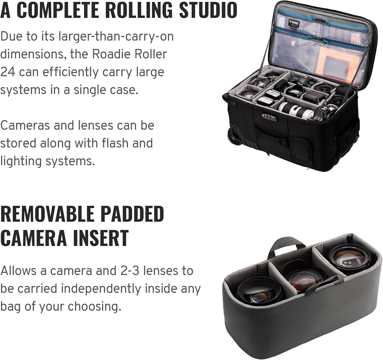 Tenba Roadie Roller 24 Rolling case for DSLR and Mirrorless Cameras and Lenses Plus a 17-inch Laptop – Black (638-714)