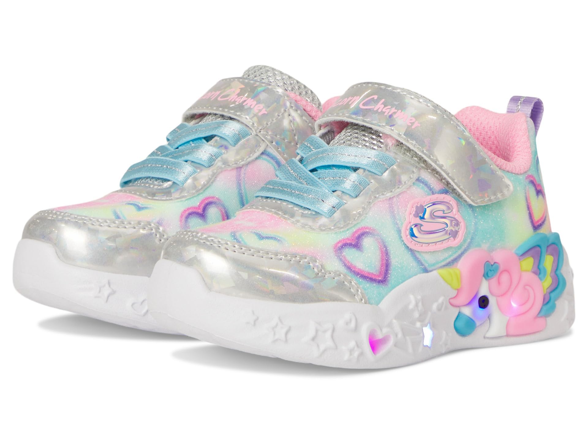 Skechers Unicorn Charmer Lil Heart Sparkles - Tenis para niña, Malla Plateada Brillante con Ribete múltiple, 5 UK Child