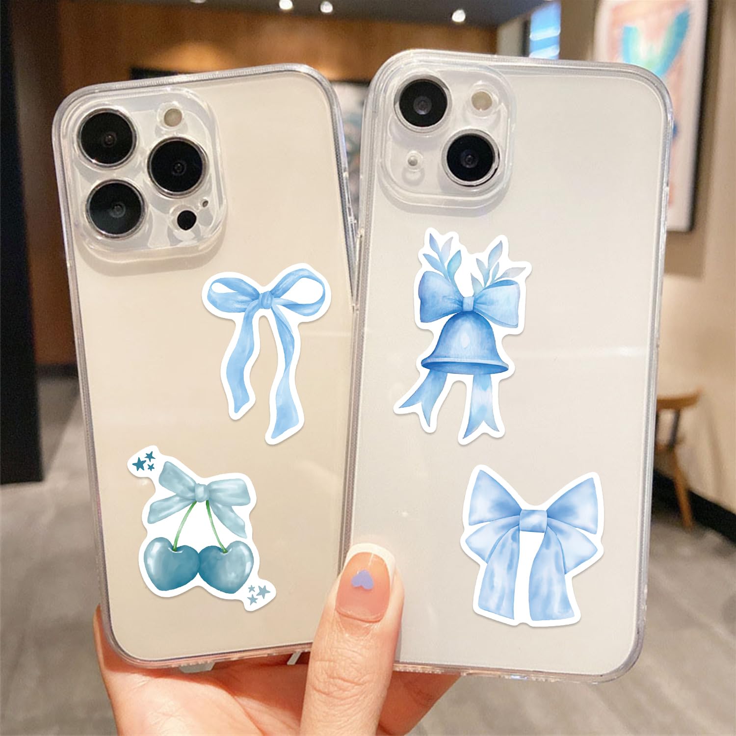 50 Pcs Blue Bow Stickers - Vintage Aesthetic Vinyl Decals For Water Bottles, Laptops & Journals