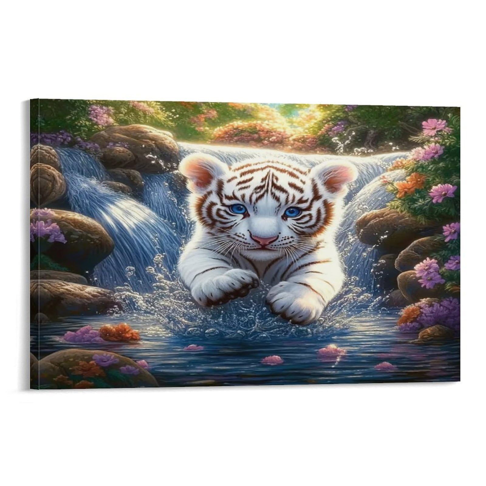 Snowy Mountain Tiger Family Portrait 1 Piece White Tiger Cub Splashing Flower Lined Waterfall Framed Canvas Print - Living Room Focal Point Ready to Hang Gallery Wall Decor 20x30inch(50x75cm)