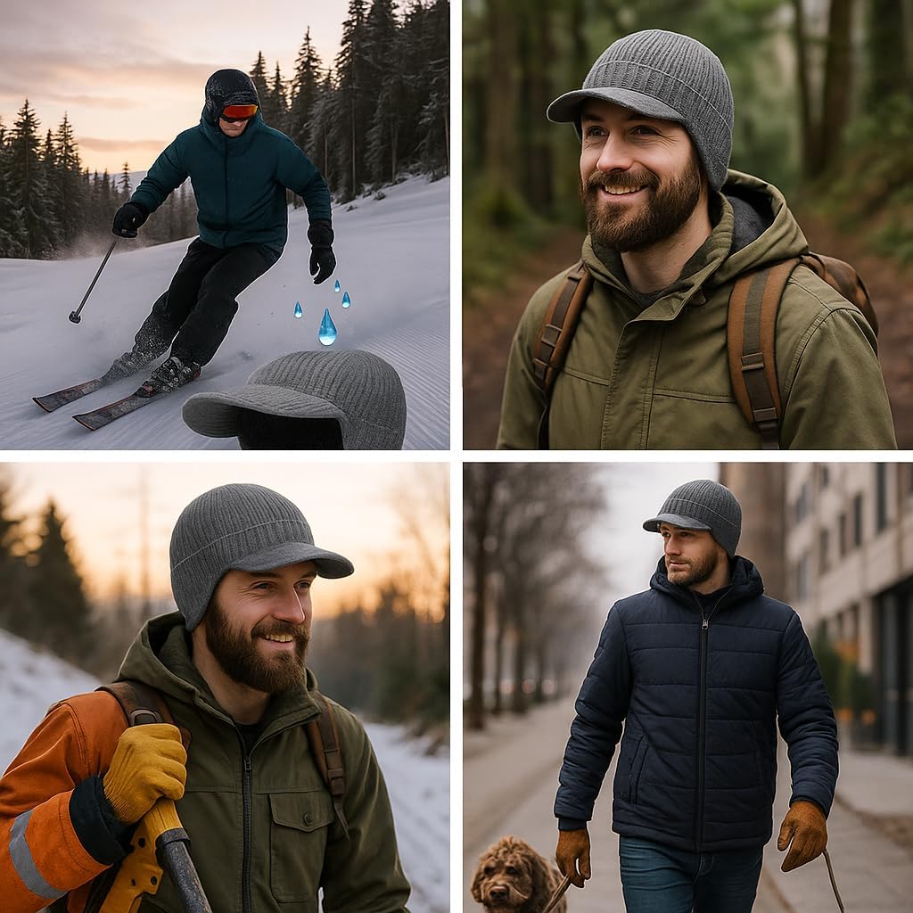 Plus Size M/L/XL/XXL Waterproof Merino Wool Beanie Hat with Brim Ear Flaps Fleece Lined Ski Cap for Cold Weather & Big Heads - Image 7