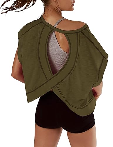 Women Short Sleeve Workout Shirts Open Back Tops Casual Yoga