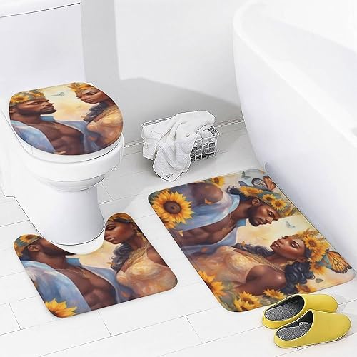 Miniatura 3 de ZGDPBYF Juego de alfombras de baño ultrasuaves de 3 piezas antideslizantes, tapetes de baño para parejas afroamericanas, juego de baño con alfombras