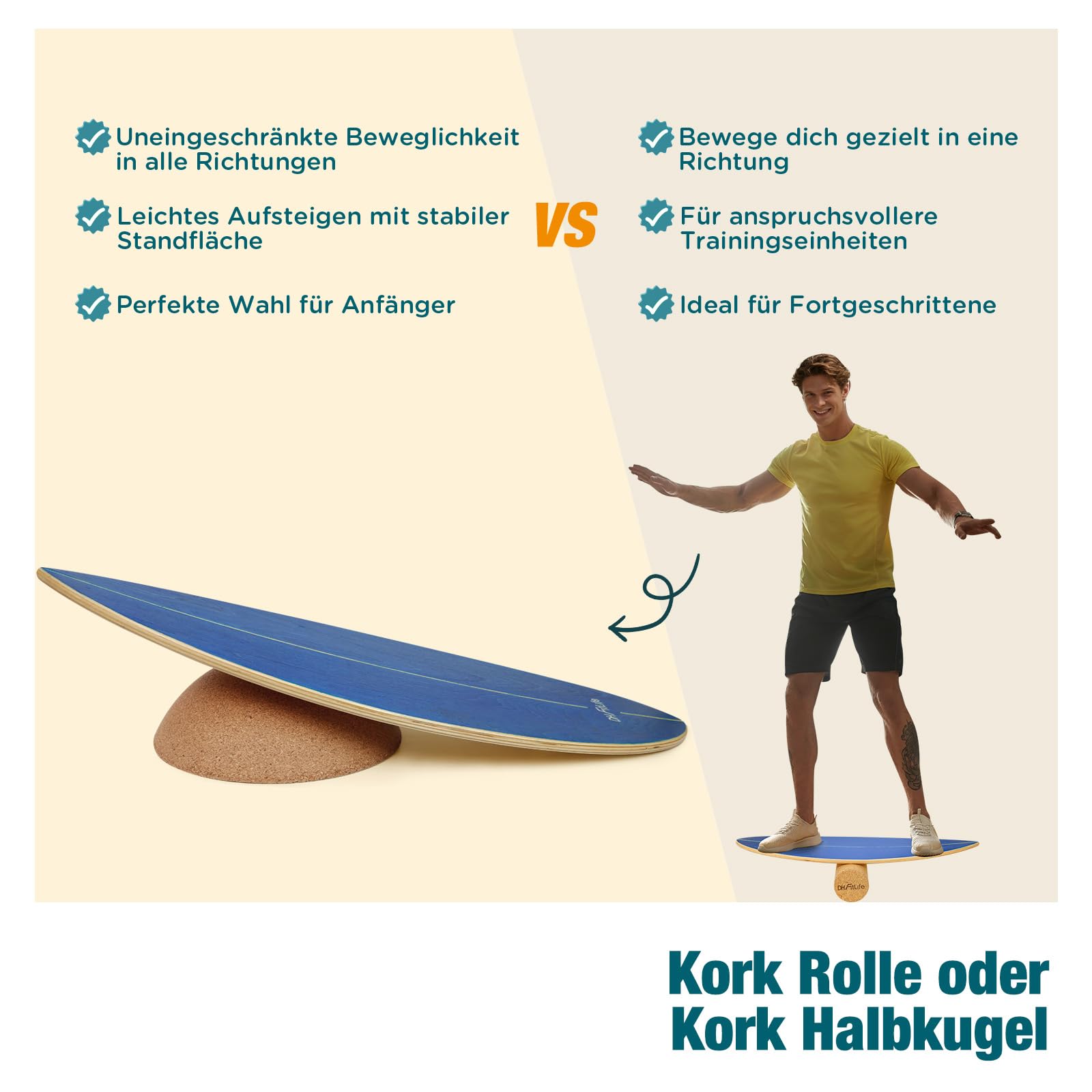 DH FitLife Kork-Halbkugel für Surfing Balance Board Set aus Premium-Kork | 100 % Naturkork｜360° Bewegungsfreiheit｜Rutschfest & bodenschonend｜Universell einsetzbar｜Für Wackelbrett, Plank & Liegestütze
