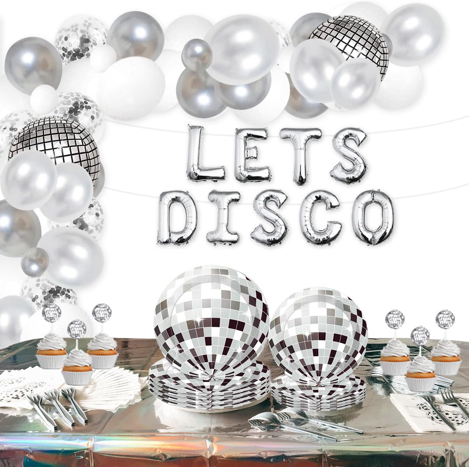 Disco Party Decorations , 60s 70s Disco Groovy Party Supplies Iridescent Party Decoration (16 Guest) with Disco Ball Balloon Garland Arch Plates Napkins Forks Tablecloth Paper Cake Topper - Image 6