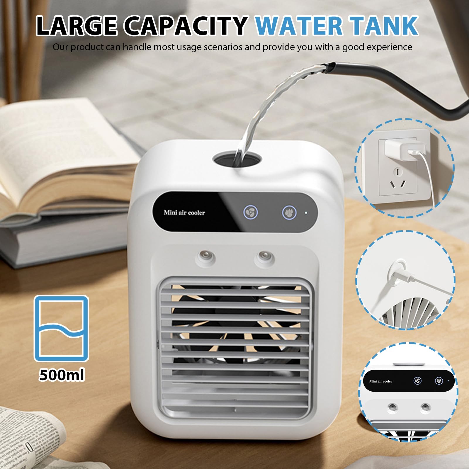 Mini Condizionatore Portatile, Raffreddatore d'aria Portatile, Ventilatore Ricaricabile USB Evaporazione Depuratore con 2 Modalità, Climatizzatore Silenzioso per Casa Ufficio(White)