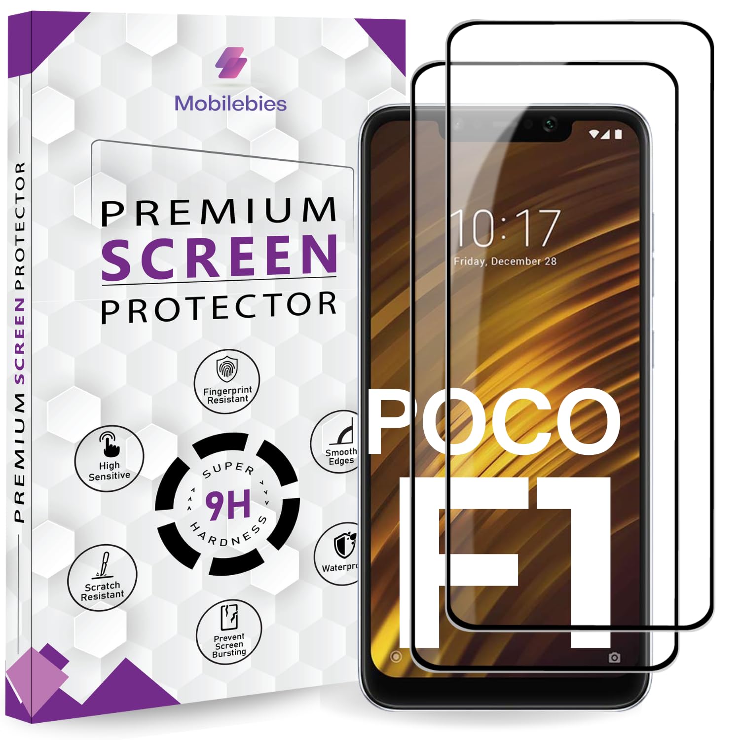 Mobilebies® Premium Tempered Glass Screen Protector Guard For Poco F1 (6.18 Inch, Pack of 2) | Ultra Clear Glass Edge to Edge Coverage With Easy to installation kit