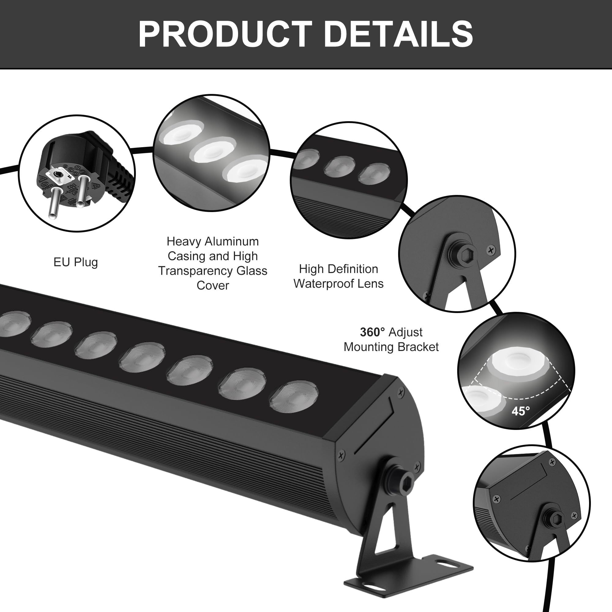 Proyector LED Exterior Barra de Luz LED 1 m, Foco LED Exterior 6000K Blanco Frío, IP65 Impermeable, Wall Washer para Jardín Patio Fachada, Soporte Giratorio 360°, Enchufe AC230V, Cable 2 m