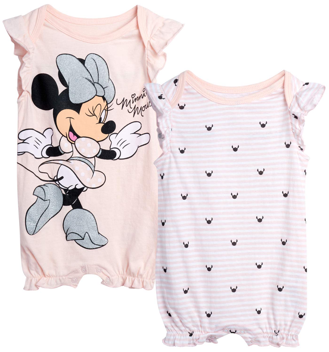 Disney Baby Girls Romper 2 Pack: Minnie Mouse Ruffle Sleeve Romper (Newborn/Infant), Size 0-3 Months, Baby Pink Minnie/Baby Pink Heart Stripes