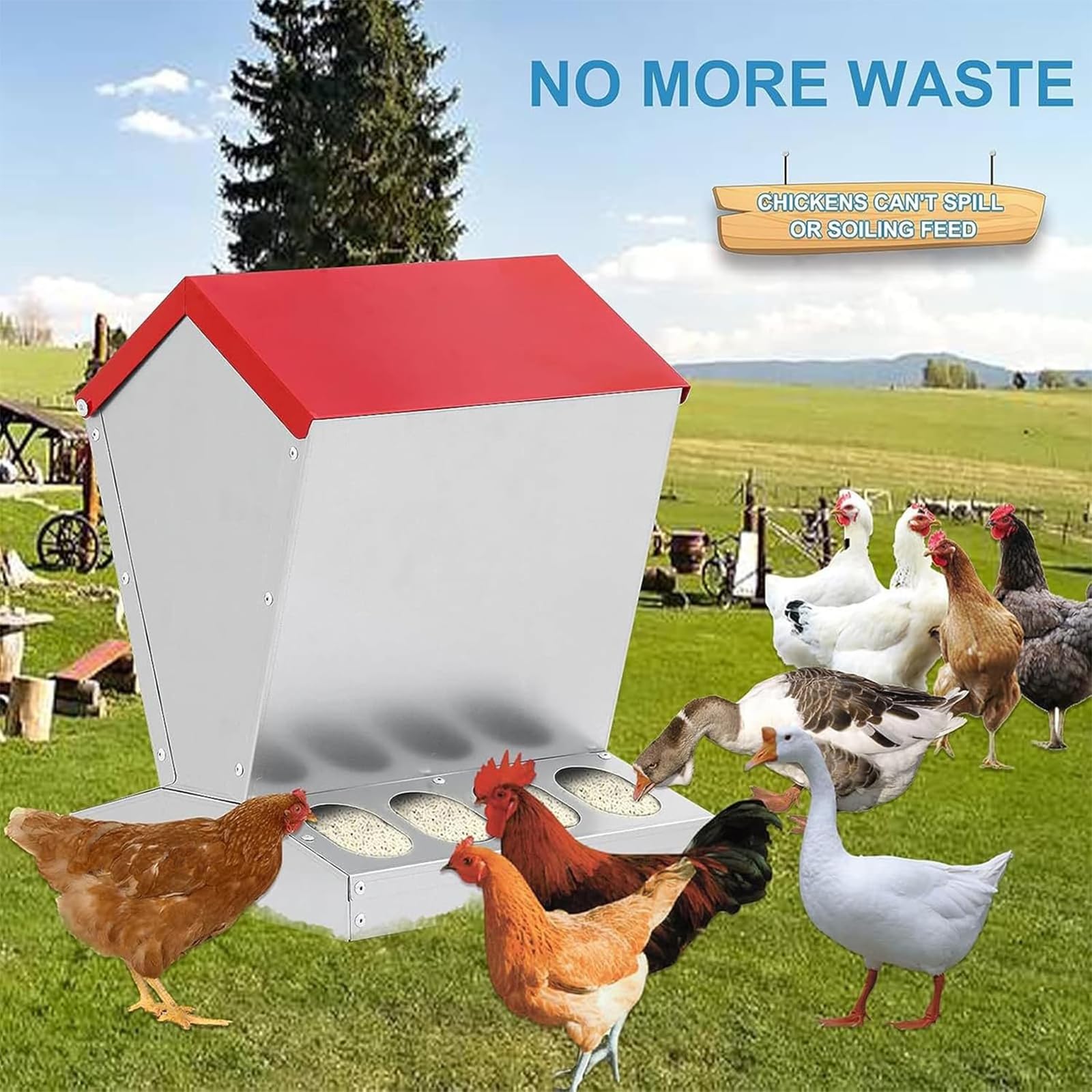 Comedero Automático para Pollos 11kg,comedero para Aves Corral Al Aire Libre con 10orificios Y Tapa Acero Inoxidable,alimentación Conveniente a Pedido Y Sin Desperdiciar,para Gallos, Faisanes