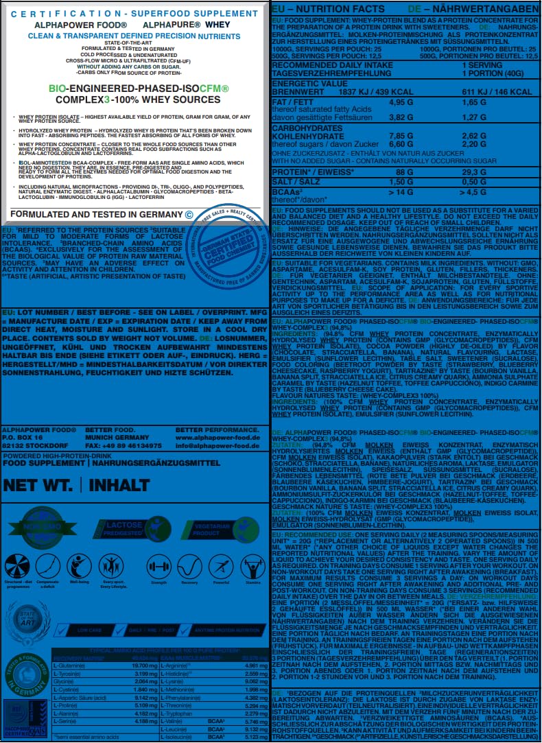 ALPHAPOWER FOOD 100%* CFM Whey Protein Isolate - Proteine in polvere ISOCFM, latte di cocco, proteine del latte in polvere preferibilmente di pascolo, naturale, eccellente solubilità, 2 kg