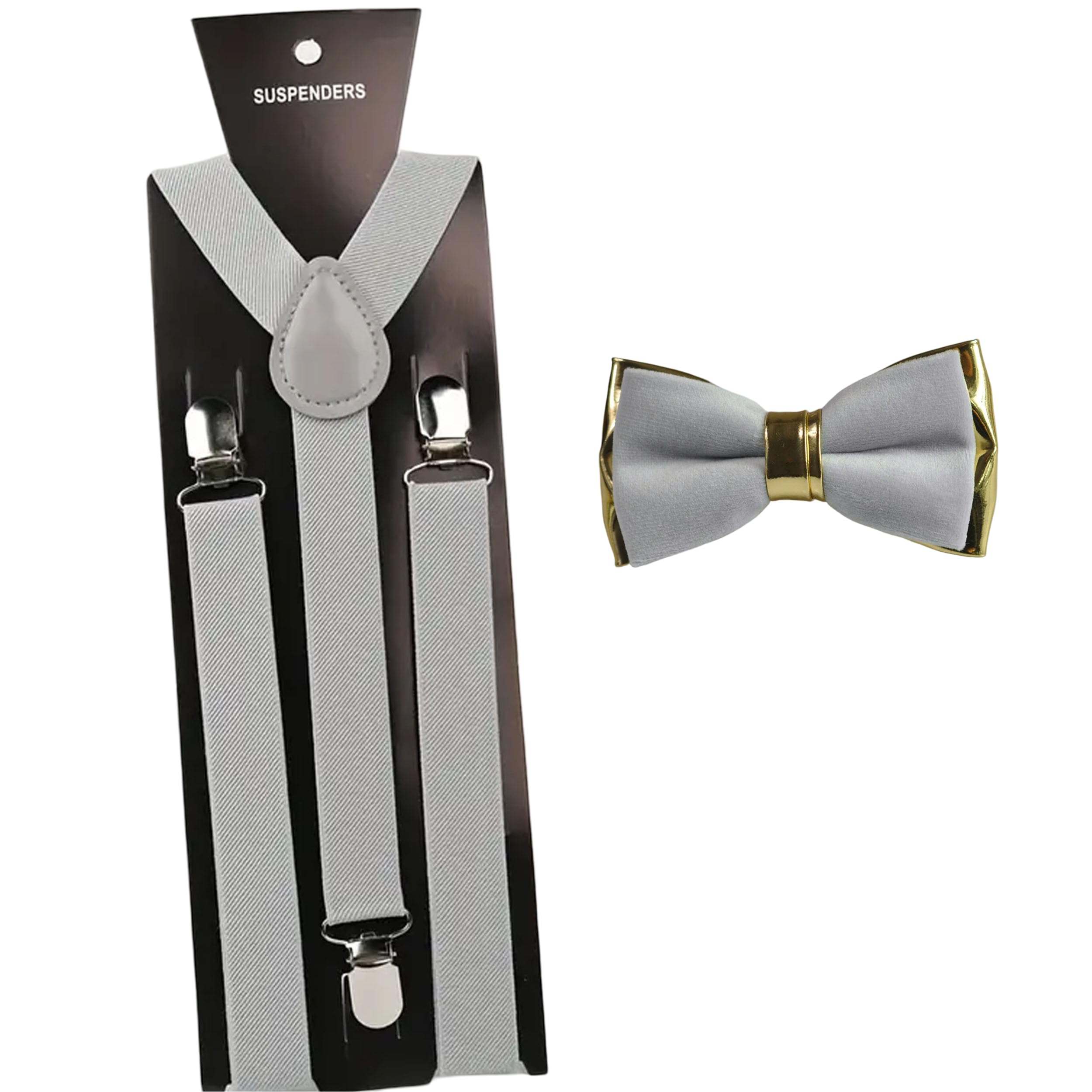 RR DESIGN Kids Black Suspenders and Gold faux -Trim Bow Tie Set, Adjustable Formal Wear Accessories for Special Occasions(1-6 years) (Dark Grey) 2