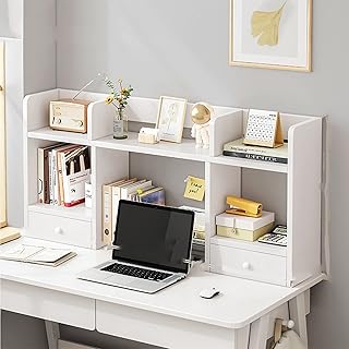 2 Layer Wooden Desktop Bookshelf - Desk Organizer With Drawers, Office Open Storage Display Shelves, Computer Desk Desk Bookcase, Large Capacity Storage Rack For Dressing Table ( Color : White , Size