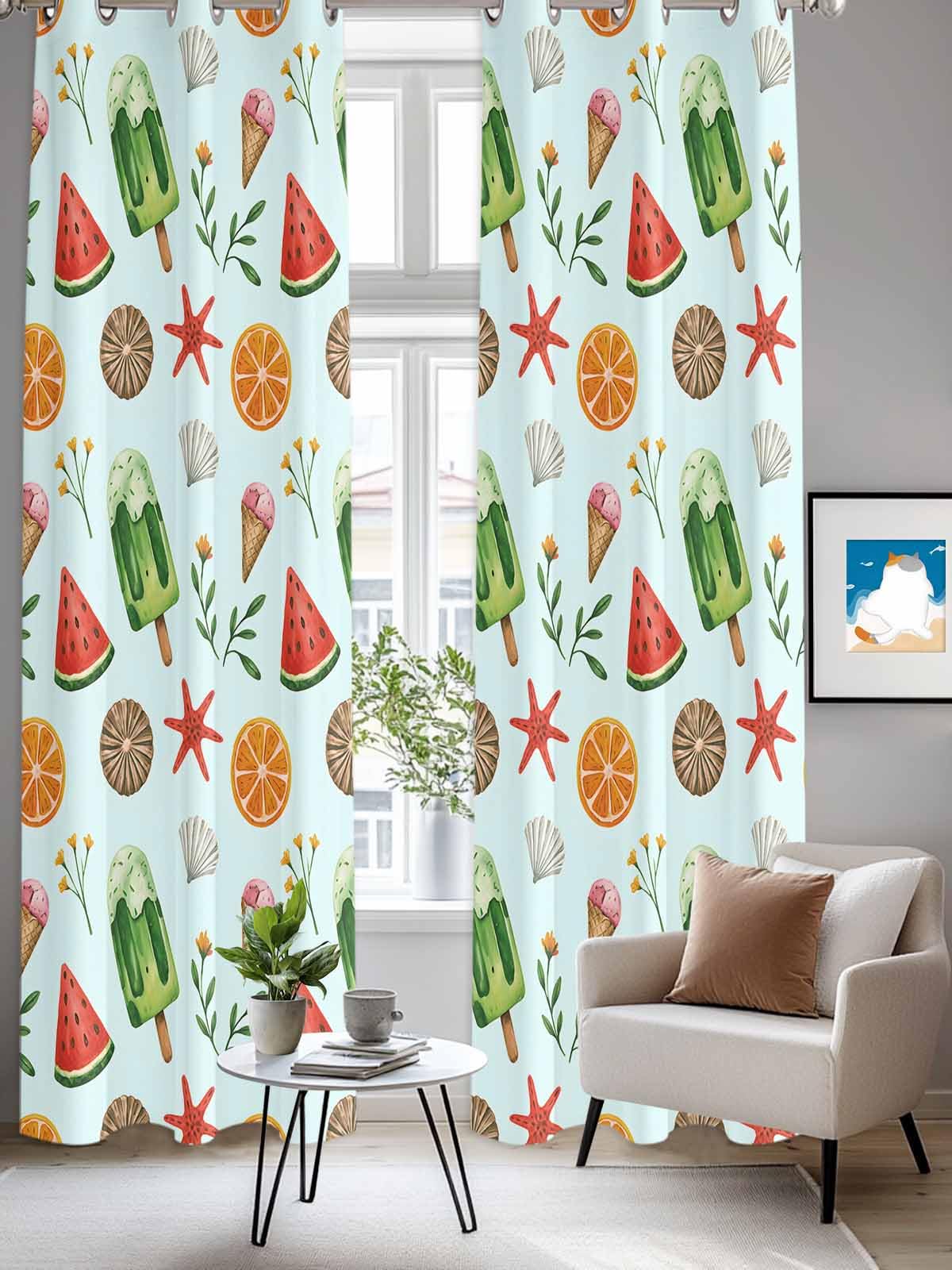 Summer Blue Window Curtains Panels with Silver Grommet,Watermelon Starfish Ice Cream Starfish Lemon Kitchen Cafe Curtain Draperies Window Treatment Set for Living Room/Bedroom/Bathroom/Cafe,84x84