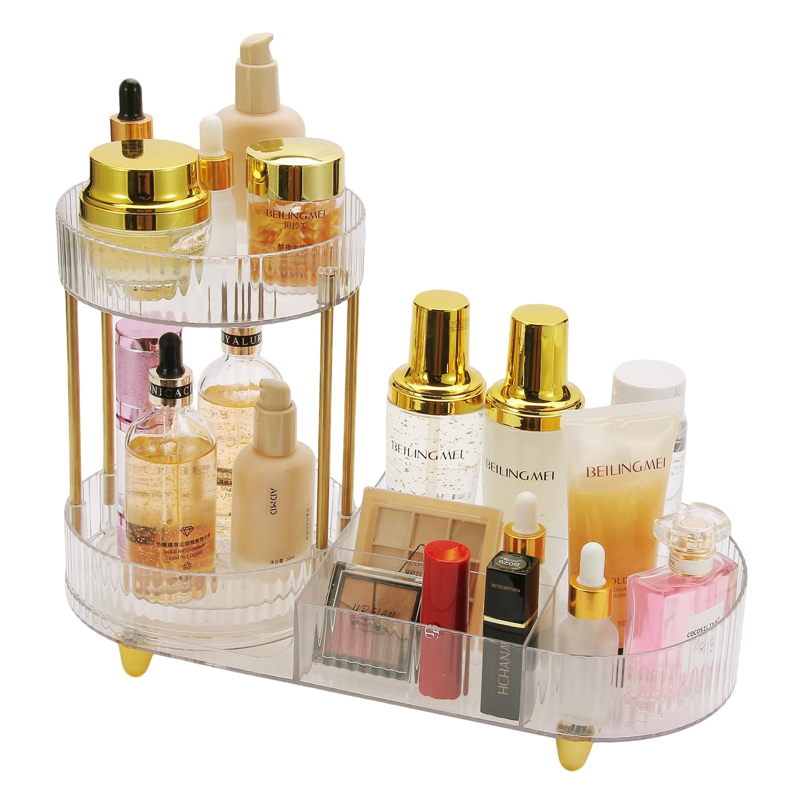 Makeup Organizer Rotating Perfume Tray 5-compartment Cosmetic and Skincare Organizers Makeup Brush Holder for Bathroom Vanity Bedroom Counter Countertop (Transparent-Golden Foot Mat)