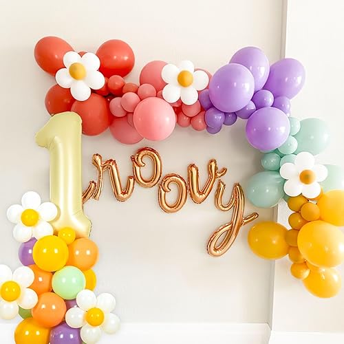Miniatura 3 de Daisy Groovy - Decoraciones de fiesta, 80 globos retro de flores de margarita rosa, morado, amarillo, con globo de aluminio número 1 de 40 pulgadas