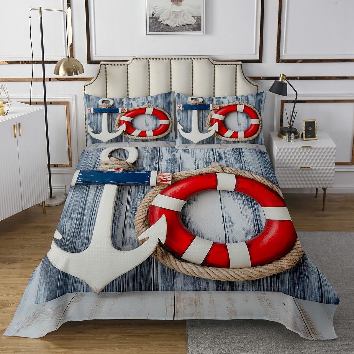 Erosebridal Nautical Bedspread Set Sailboat Lighthouse Quilt Set Watercolor Ocean Themed Coverlet Queen Summer Beach Bedding Set Decoratives 3pcs Sea Adventure Bedroom Decor, Luxury White Light Blue