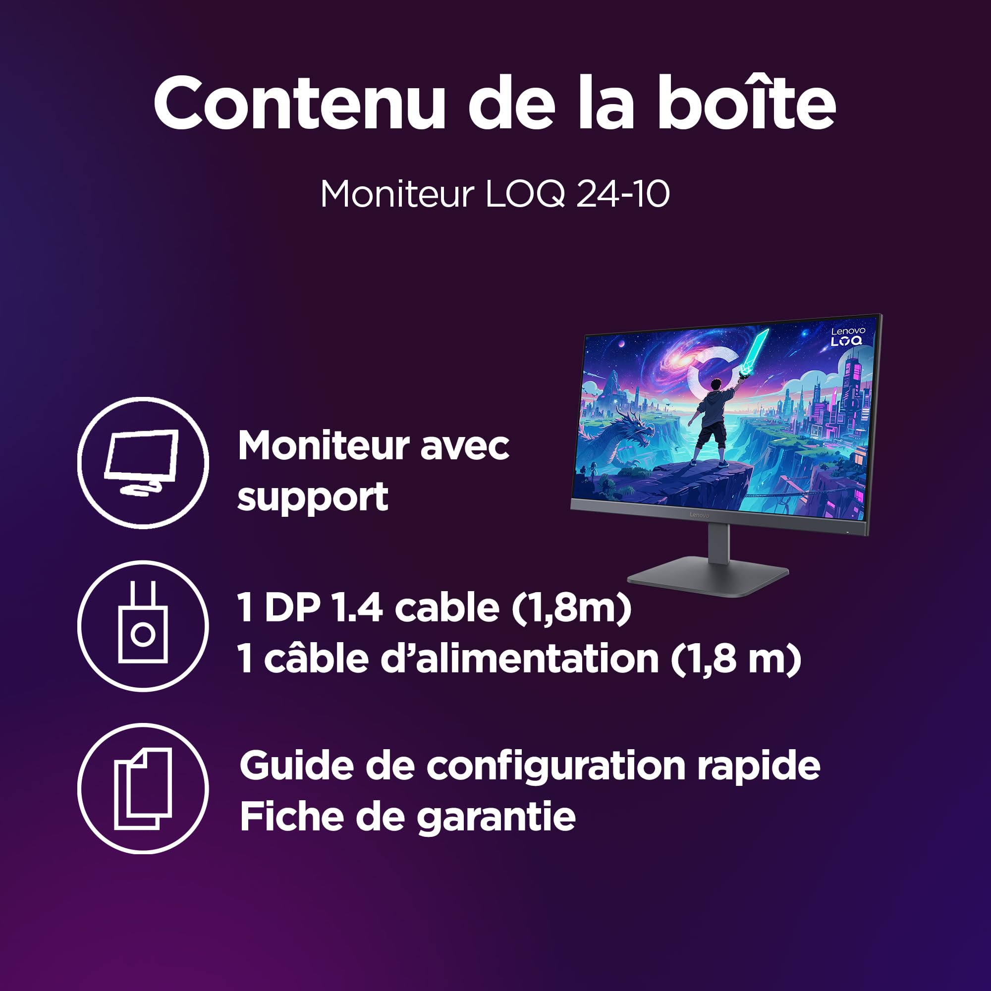 Lenovo LOQ 24-10 - Écran 23.8'' FHD (1920x1080, IPS, 200 Hz, 0.5 ms, 2X HDMI+DP, 99% sRGB, Cable HDMI) - Gris Lunaire