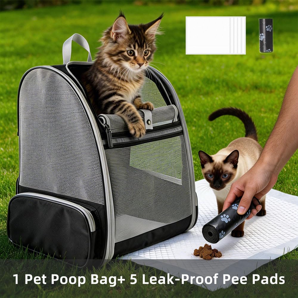 Sac à dos respirant à 360° pour chats et chiens – Pliable, approuvé par les compagnies aériennes avec 1 sac à déjections canines + 5 tapis hygiéniques anti-fuite, idéal pour les animaux de compagnie