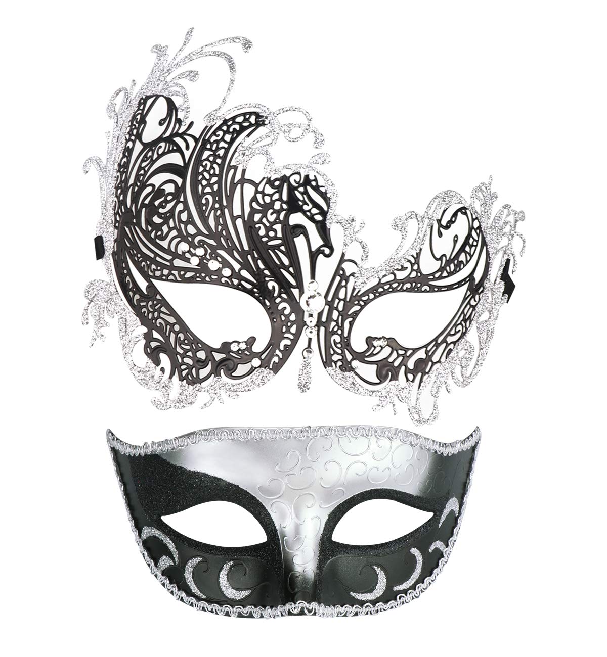 Coddsmz Venetian Couple Masquerade Masks (Metal & Plastic, Lace Edging, Sparkling Rhinestones) - Adults, Unisex - 2 Pack — image 1