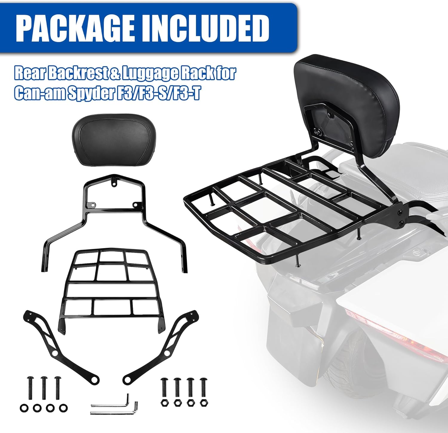 Rear Passenger Backrest with Luggage Rack for Can-am Spyder F3 F3-S F3-T 2015-2025, Rear Carrier Luggage Rack and Rear Back Rest Passenger Sissy Bar for Spyder F3 Accessories