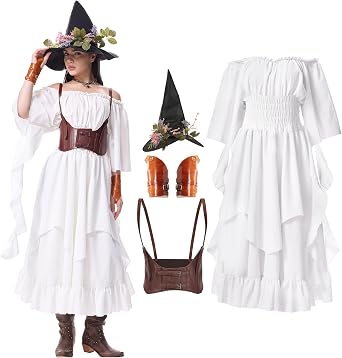 Renaissance Costume Women Ren Faire Dress with Corset Belt Medieval Dress Women Halloween Cosplay Costume
