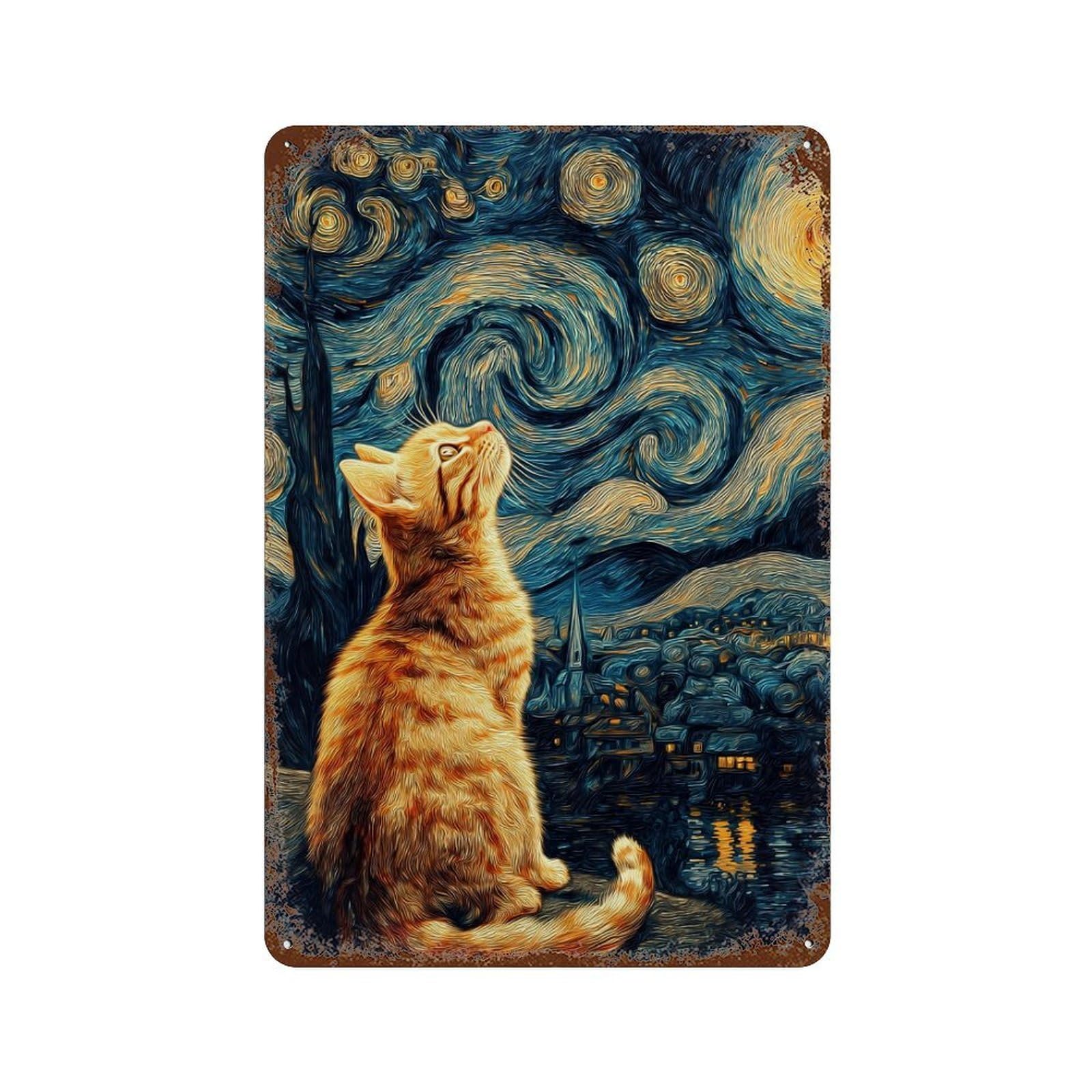 Starry Night Cat Art Print -11 11.8"x7.9" Retro Metal Sign, Vintage Wall Decor for Office, Studio And Wall Decor
