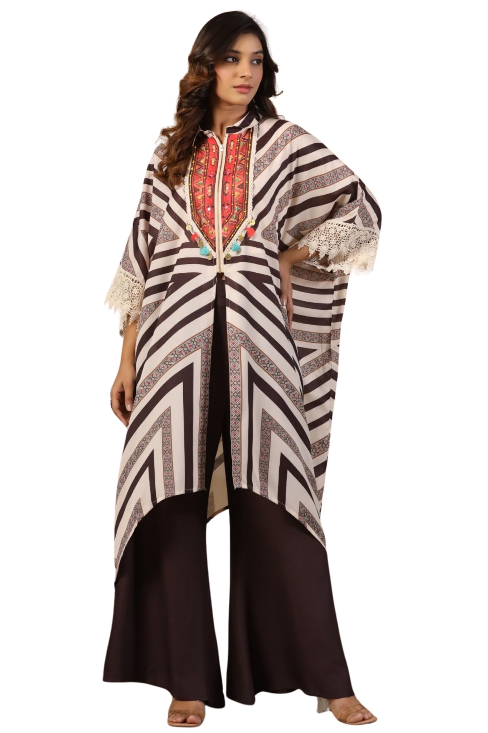 juniper Brown Cotton Printed Kaftan with Front Zipper Closure & Lace Detailing-picture-13