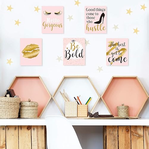 Miniatura 4 de 9 piezas inspiradoras para decoración de pared para mujeres, maquillaje rosa y dorado, pestañas de labios, póster artístico de pared, citas