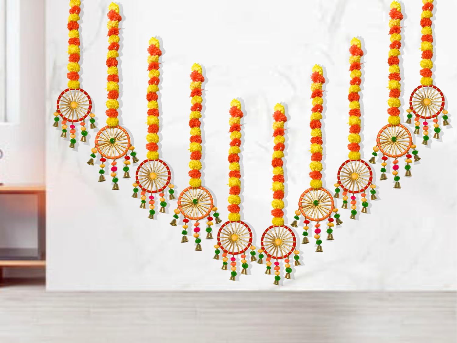 DRYPHON Artificial Marigold Flowers with Pom Pom Ring Bell Hanging Garlands for Home, Diwali & Wedding Decoration (Pack of 10)