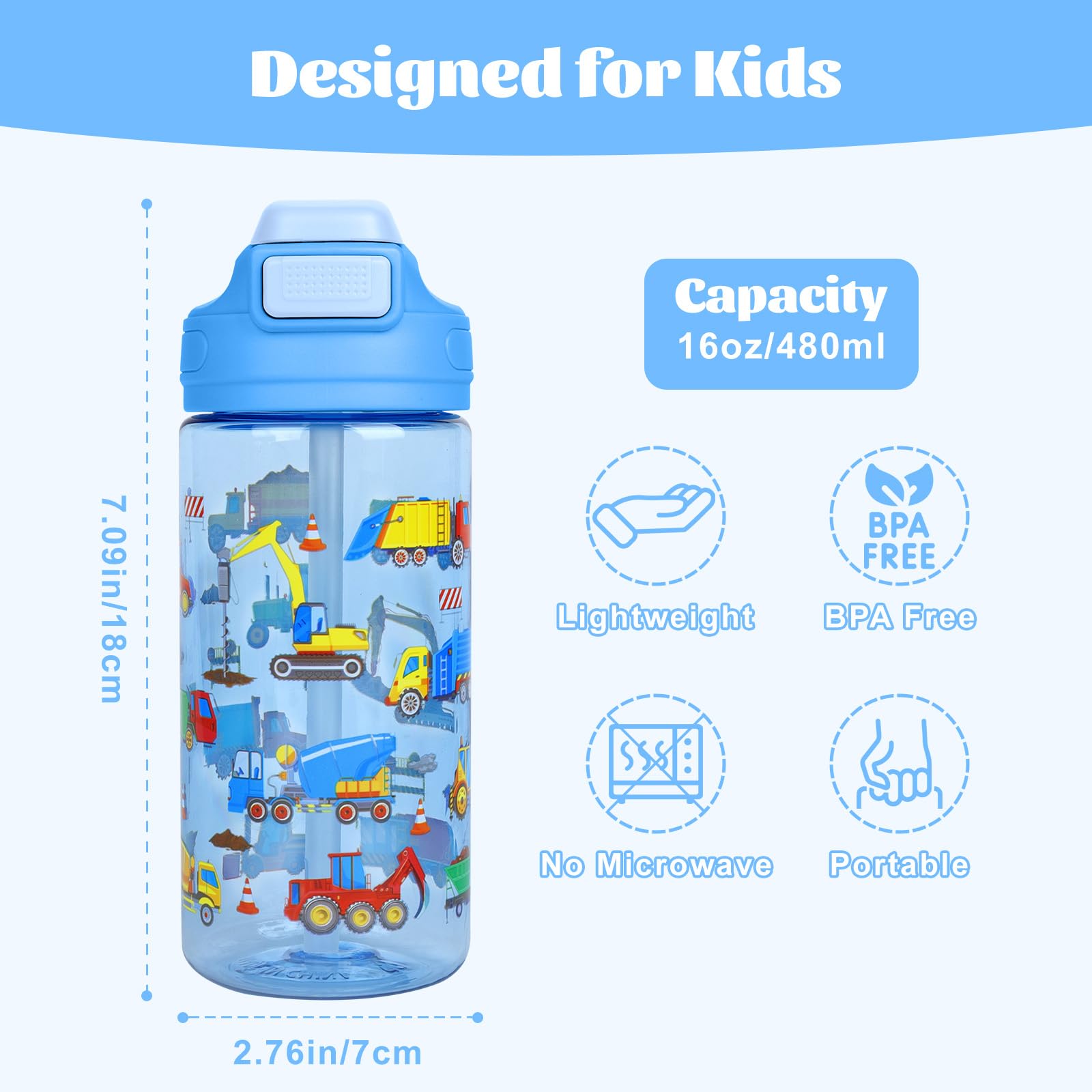 Gourde Enfant Anti-Fuite 480ml avec Paille et Poignée Sans BPA Bouteille Sport École
