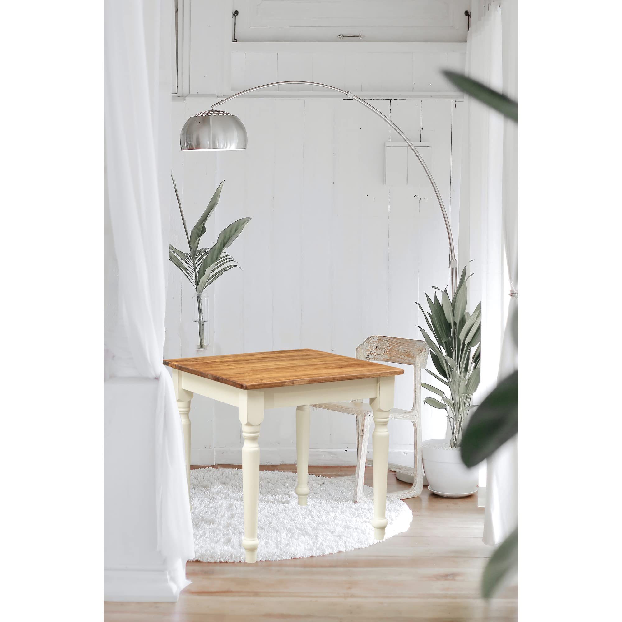 Biscottini Table Non Extensible champêtre en Bois Massif de Tilleul avec Structure Antique Blanche et Plateau en Finition Naturelle L80xPR80xH78 cm